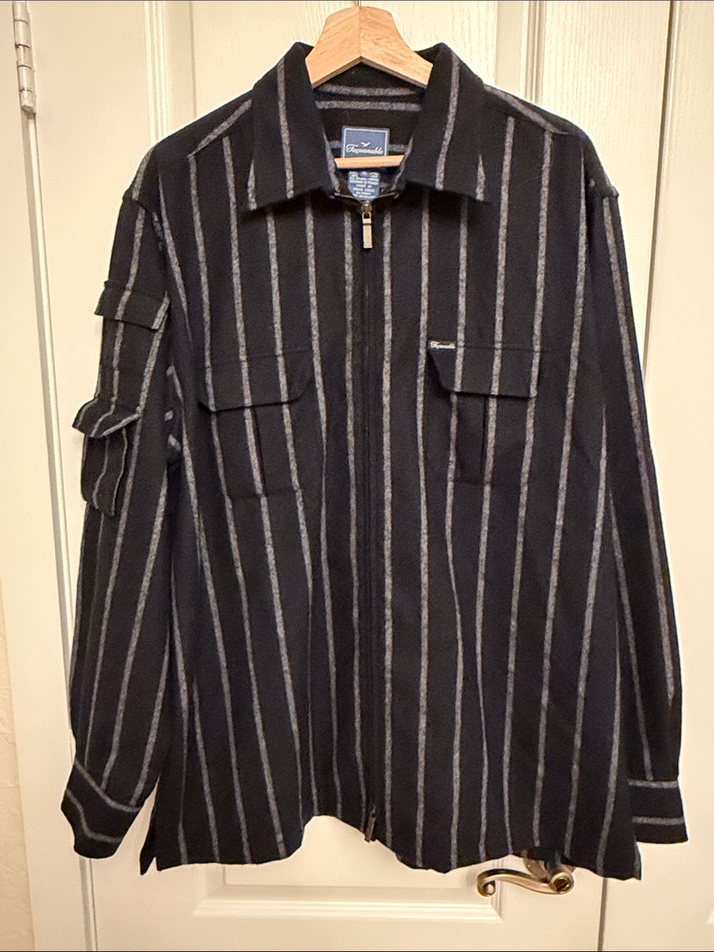 Faconnable Navy Jacket with Gray Vertical Stripes  Wool Blend